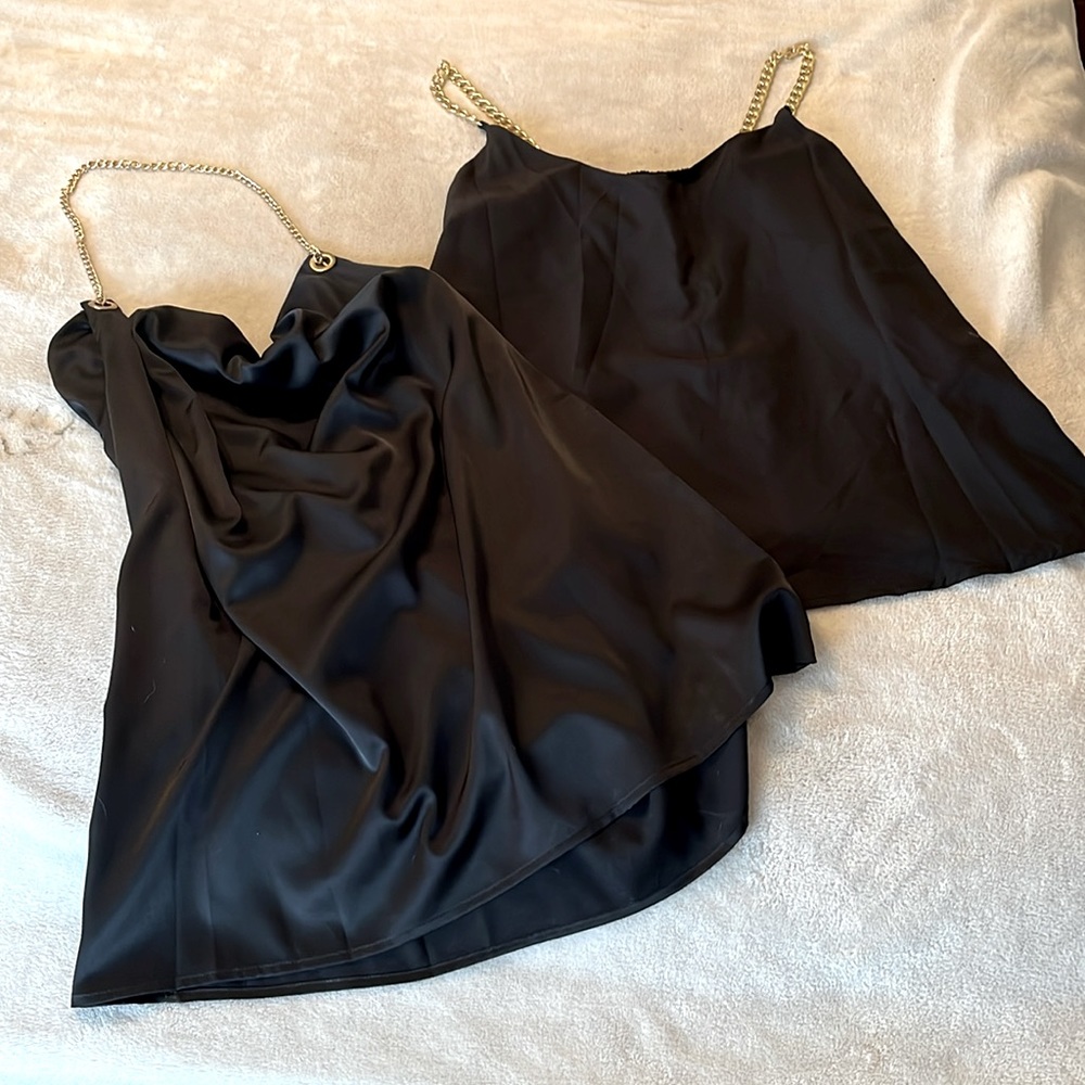 NWOT Set of 2 black satiny tops with gold chain accents size large